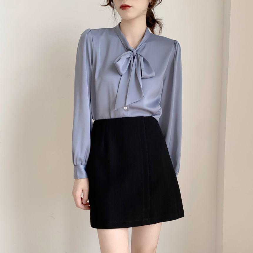 Long-Sleeve Ribbon Neck Plain Blouse Product Image