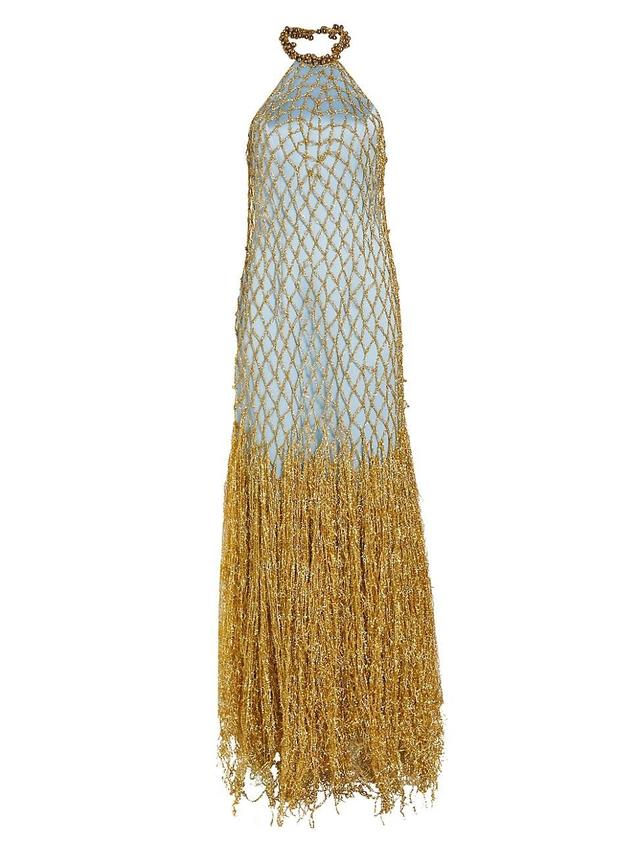 Womens Halter Neck Fringe Beaded Gown Product Image