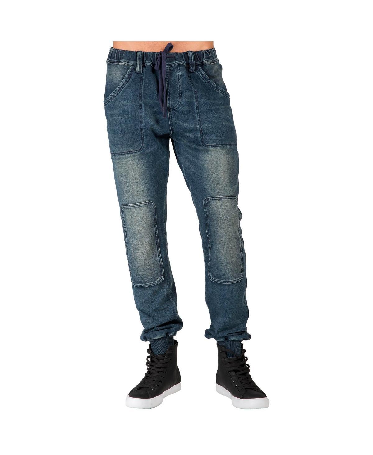 Mens Premium Knit Denim Jogger Jeans Indigo Hand Sanded Knee Patches Product Image