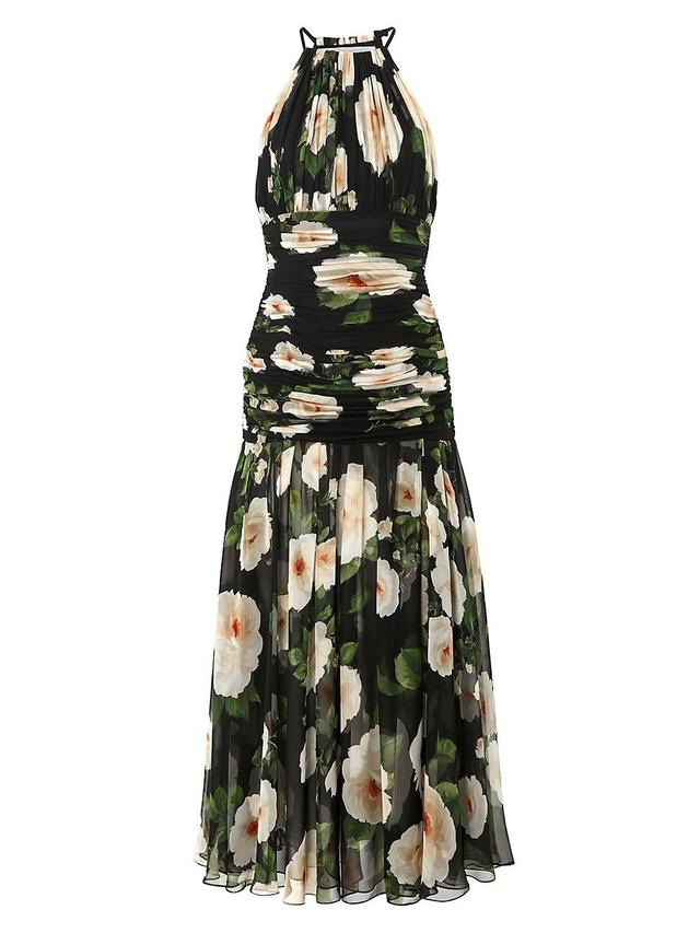 Womens Floral Silk Ruched Halter Midi-Dress Product Image