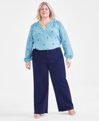 Plus Size High-Rise Wide-Leg Twill Pants, Created for Macy's Product Image