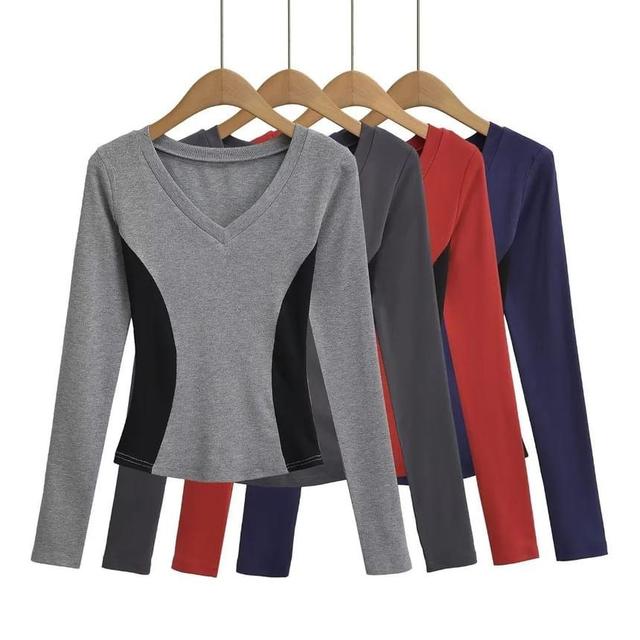 Long Sleeve V-Neck Two Tone Panel Tee Product Image