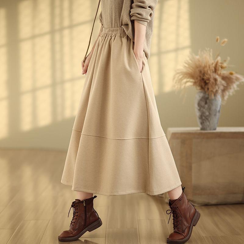 High Rise Plain Midi A-Line Skirt Product Image