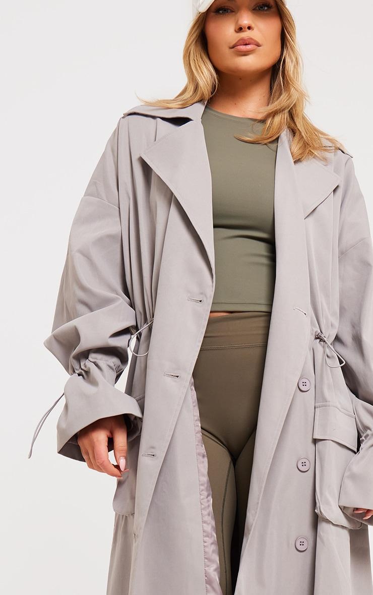 Grey Ruched Toggle Detail Trench Coat Product Image