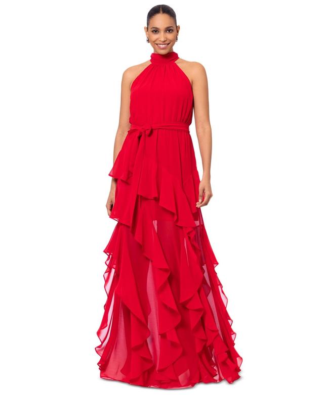 Betsy & Adam Womens Ruffled Halter Gown Product Image