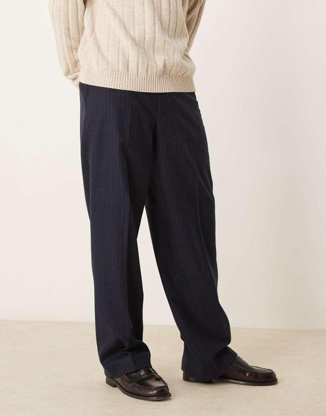 ASOS DESIGN smart wide leg wool blend pants in navy pinstripes Product Image