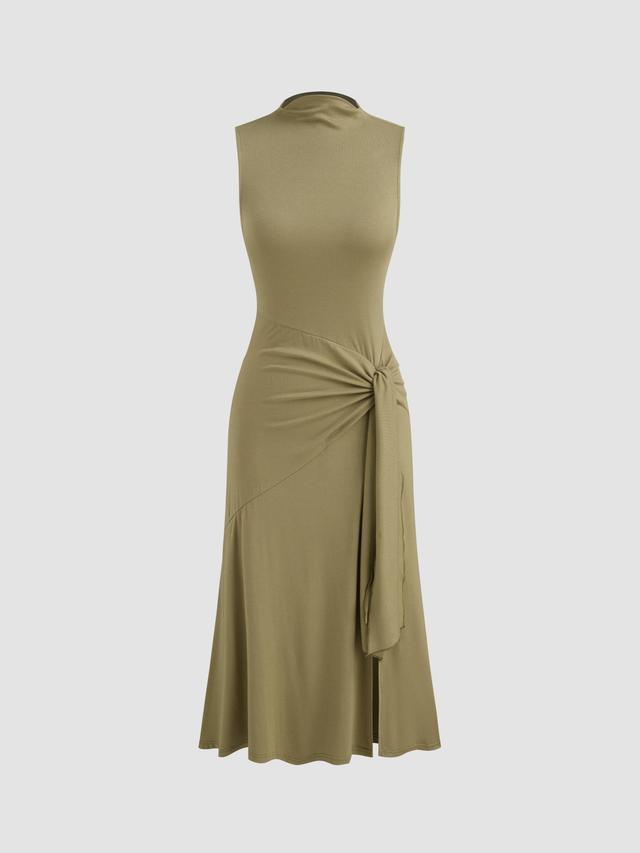 Stand Collar Solid Split Knotted Midi Dress Product Image