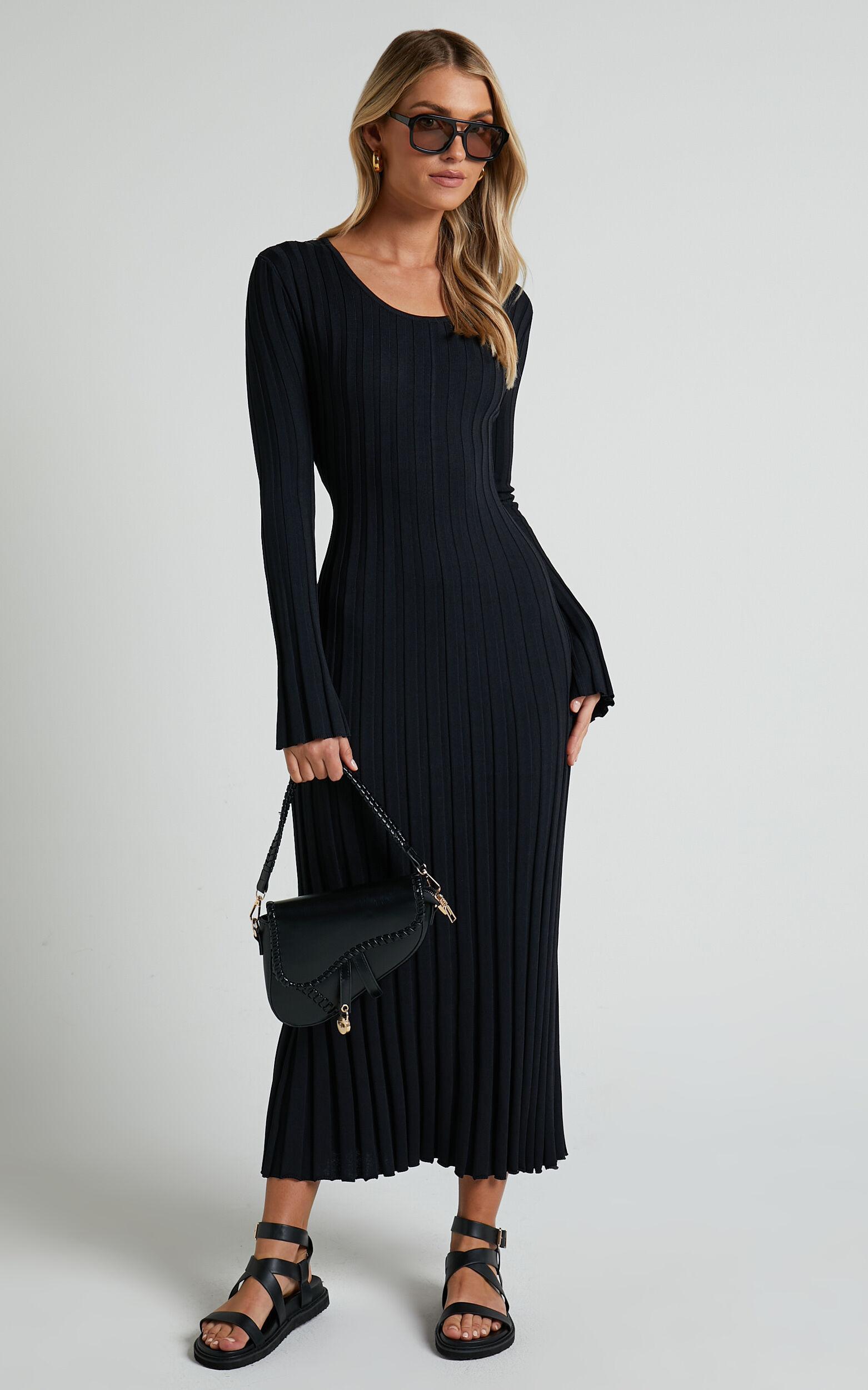 Blaire Midi Dress - Long Sleeve Tie Back Flare Dress in Black Product Image