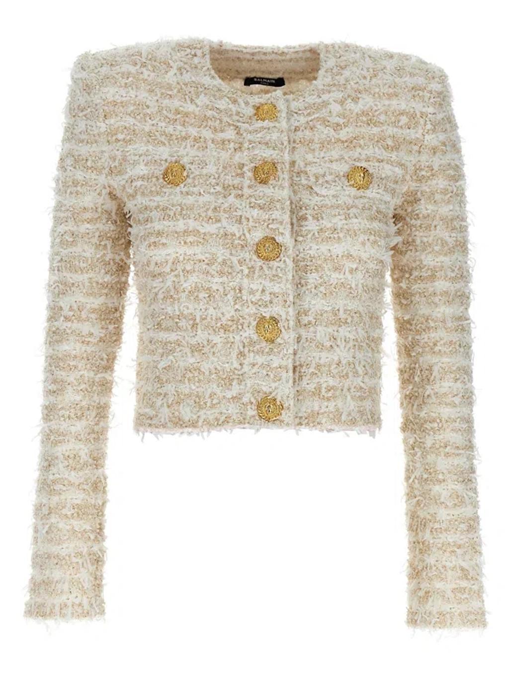 BALMAIN Textured Knit Cropped Cardigan In Gold Product Image