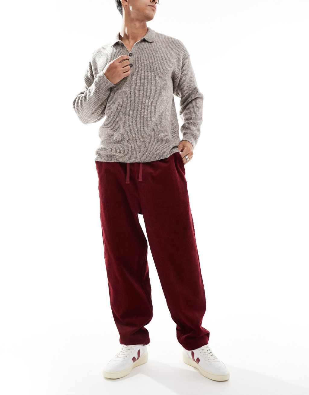 ASOS DESIGN tapered cord pants in burgundy product image