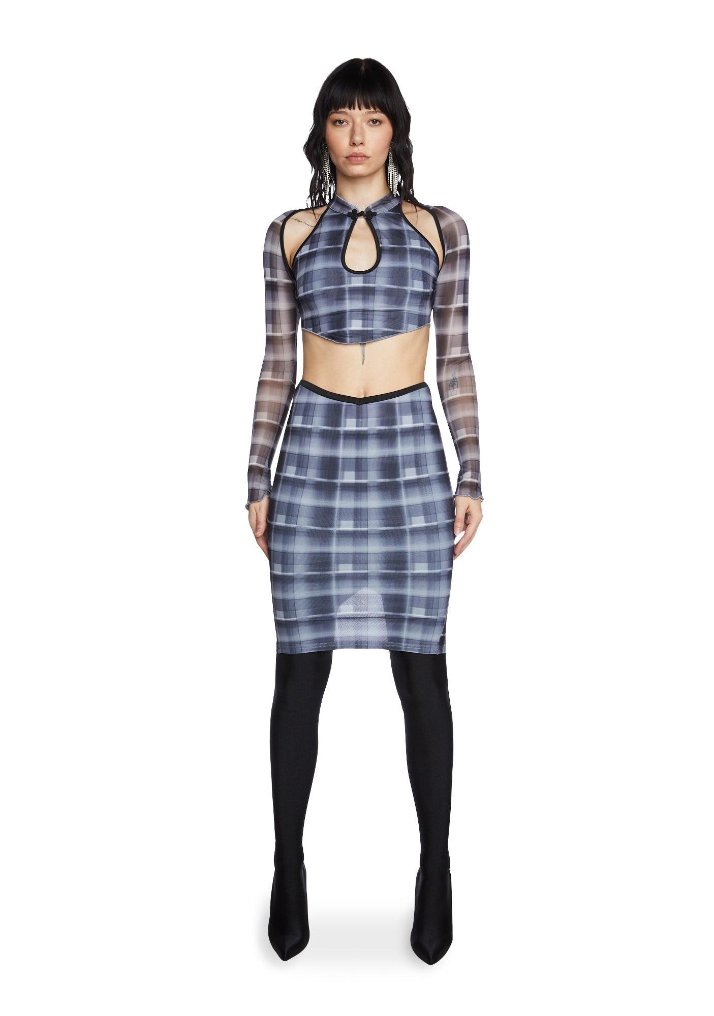 Plaid Mesh Long Sleeve Crop Top And Midi Skirt - Black/Blue Product Image