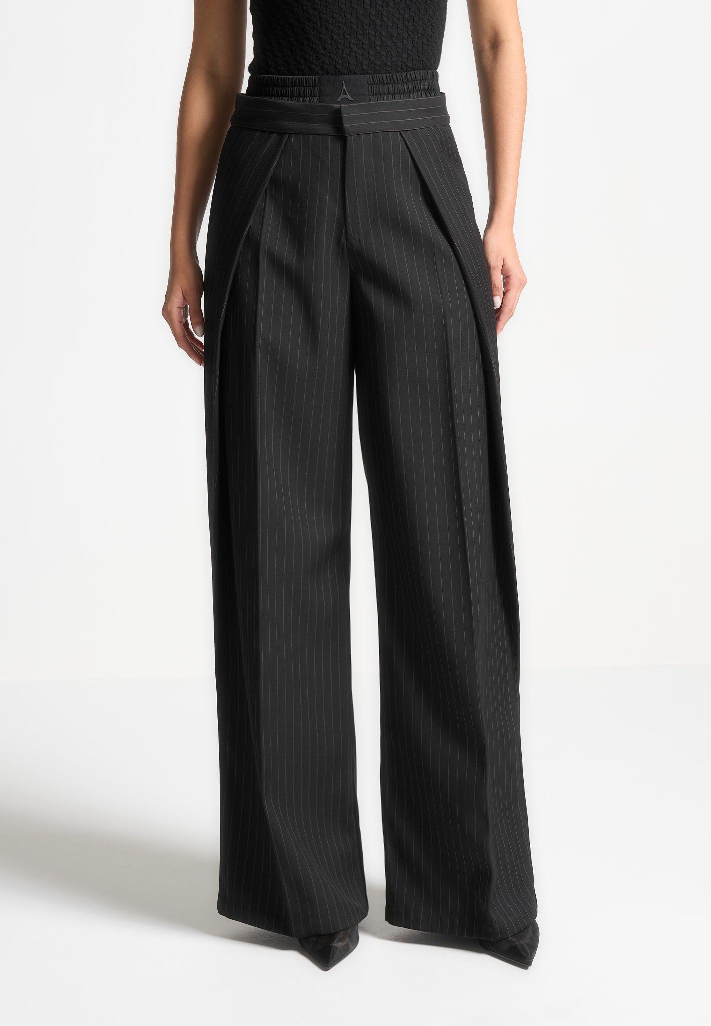 Satin Waistband Pinstripe Trousers - Black Female Product Image