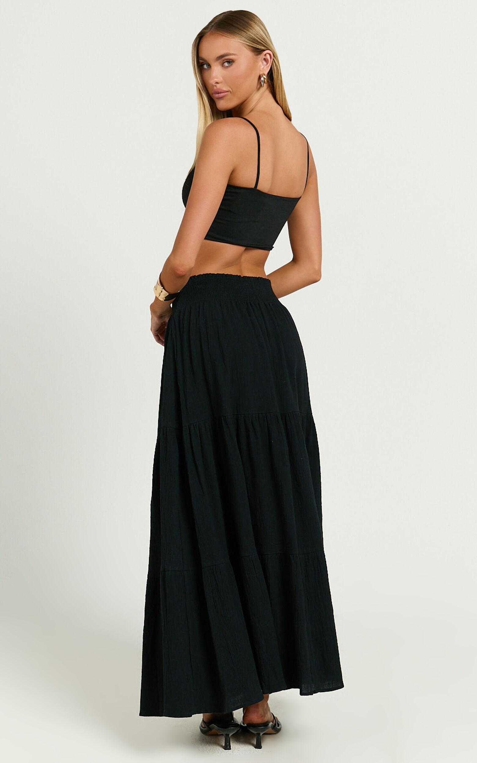 Ruby Midi Skirt - Shirred High Waist Cotton Tiered Midi Skirt in Black Product Image