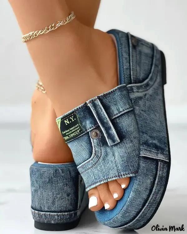 Olivia Mark – Letter Tag Platform Denim Slippers Product Image