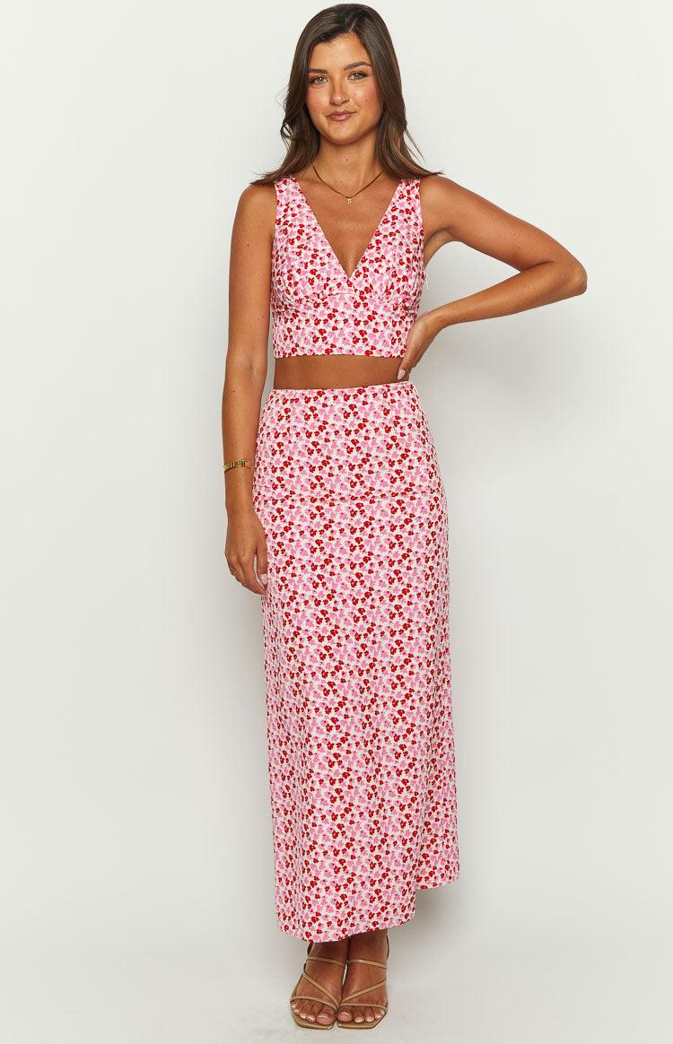 Dahlia Pink And Red Speckled Maxi Skirt Product Image