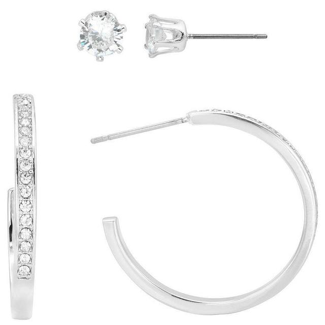 City Luxe Cubic Zirconia & Crystal Stud & Hoop Earrings Duo Set, Womens, Silver Tone Clear Product Image