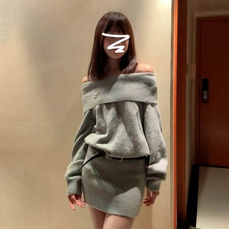 Off Shoulder Plain Mini Sweater Dress Product Image