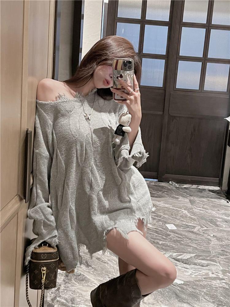 Off-Shoulder Plain Distressed Cable Knit Oversized Sweater Product Image