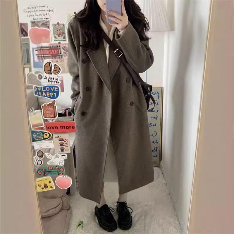 Lapel Collar Plain Double-Breasted Long Coat product image