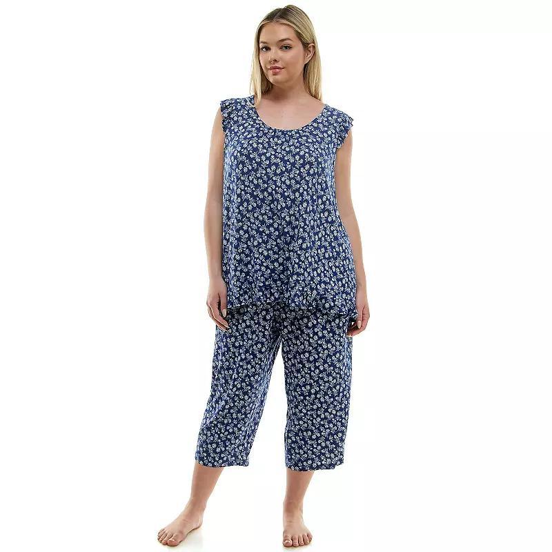 Plus Size Croft & Barrow Ruffled Pajama Tank Top & Pajama Capri Pants Set, Womens Blue Product Image