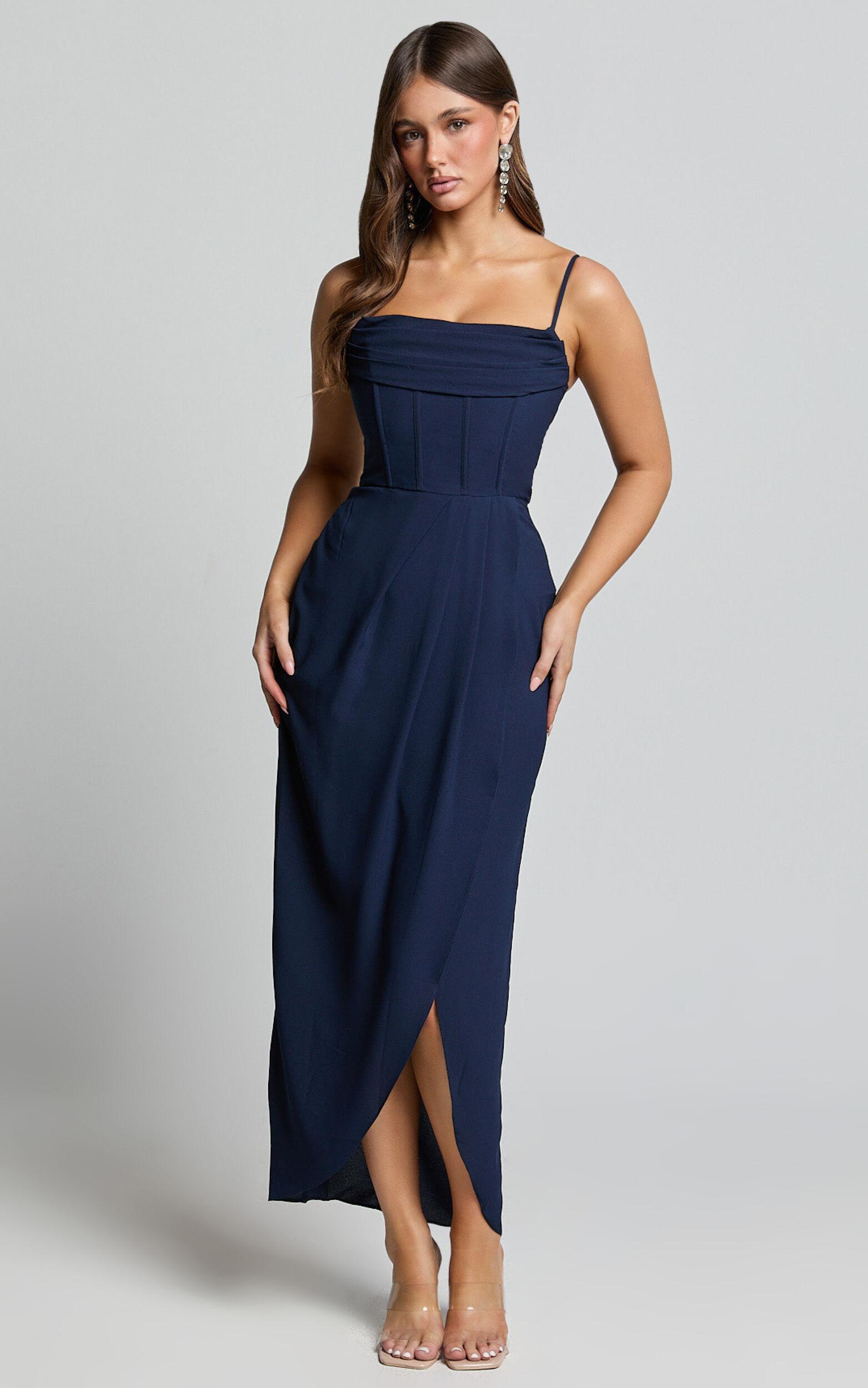 Andrina Midi Dress - High Low Wrap Corset Dress in Navy Product Image