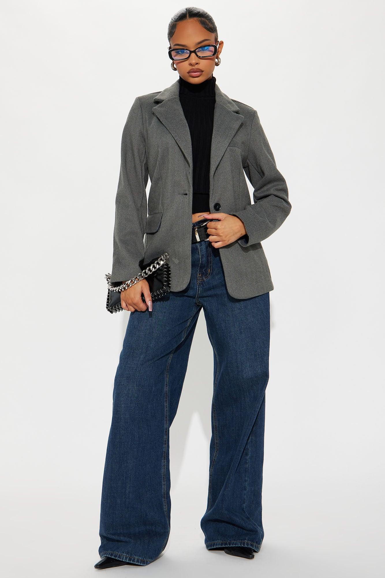 Office Favorite Oversized Herringbone Blazer - Charcoal Product Image