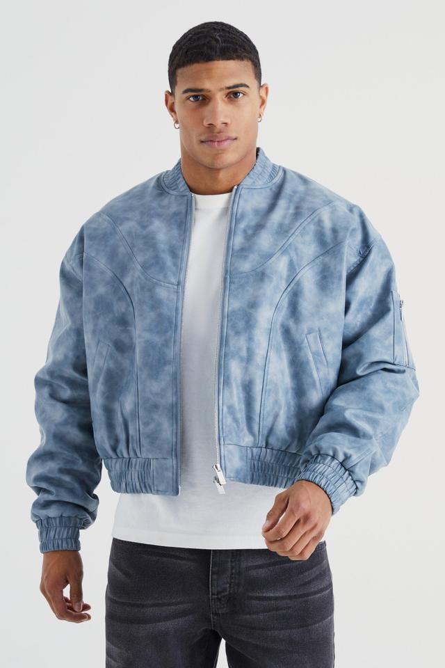 Mens Blue Boxy Washed Pu Seam Detail Padded Bomber, Blue Product Image