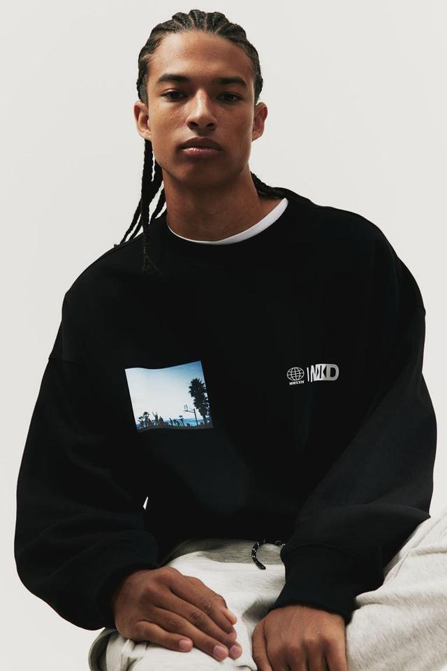 H & M - Oversized Fit Printed Sweatshirt - Black Product Image