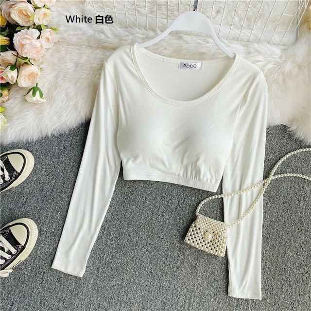 Plain U-Neck Padded Long-Sleeve Cropped Top Product Image