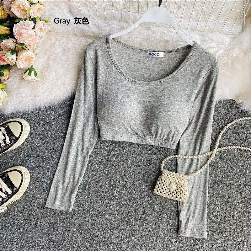 Plain U-Neck Padded Long-Sleeve Cropped Top Product Image