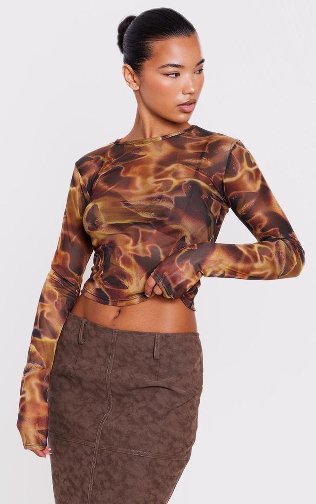 Brown Mesh Printed Long Sleeve Top Product Image