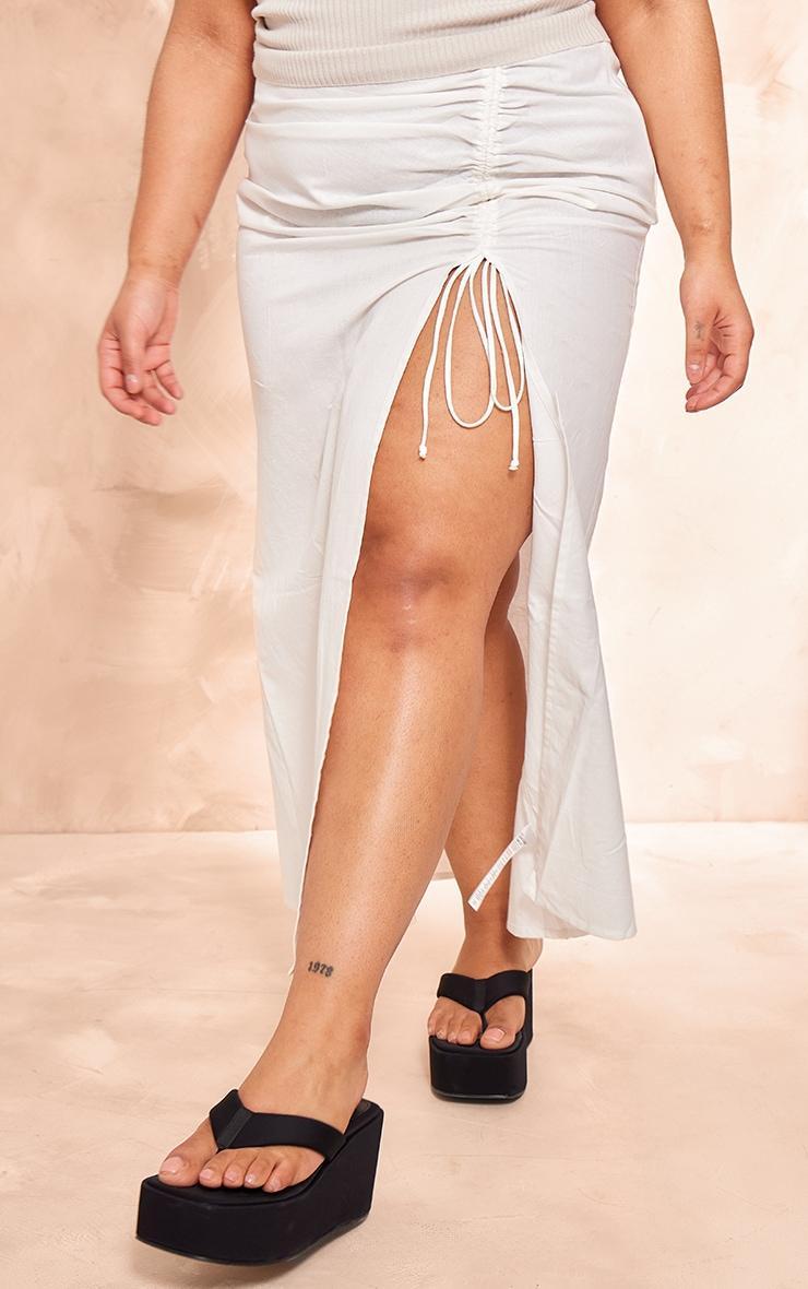 Plus White Linen Ruched Maxi Skirt Product Image