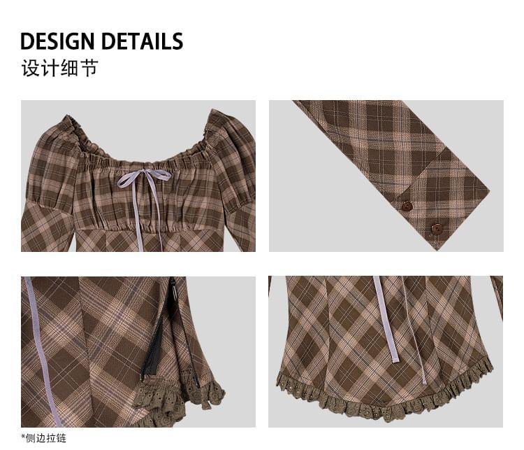 Off-Shoulder Puff-Sleeve Plaid Blouse Product Image