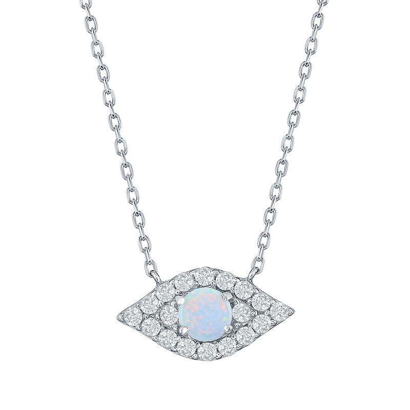 Sterling Silver Lab-Created White Opal & Cubic Zirconia Evil Eye Necklace, Womens Product Image