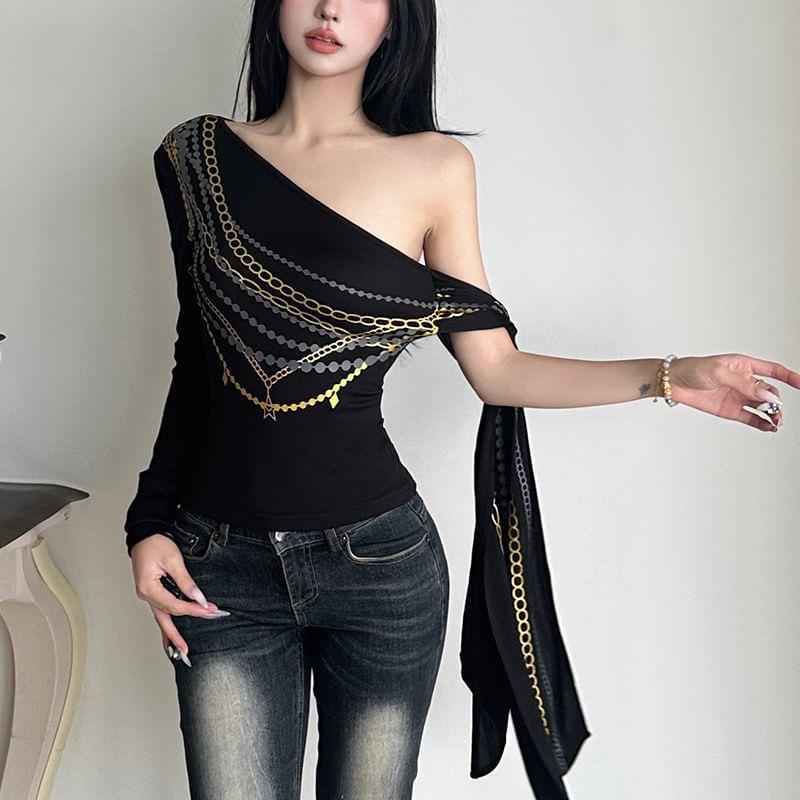 Long Sleeve One Shoulder Patterned Print Tie-Up Top Product Image