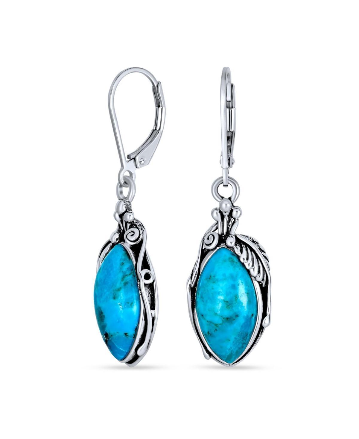 Bling Jewelry Style Natural Stabilized Turquoise Marquise Shaped Leaf Feather Dangle Earrings For Women Lever back Oxidized Sterling Silver - Blu Product Image