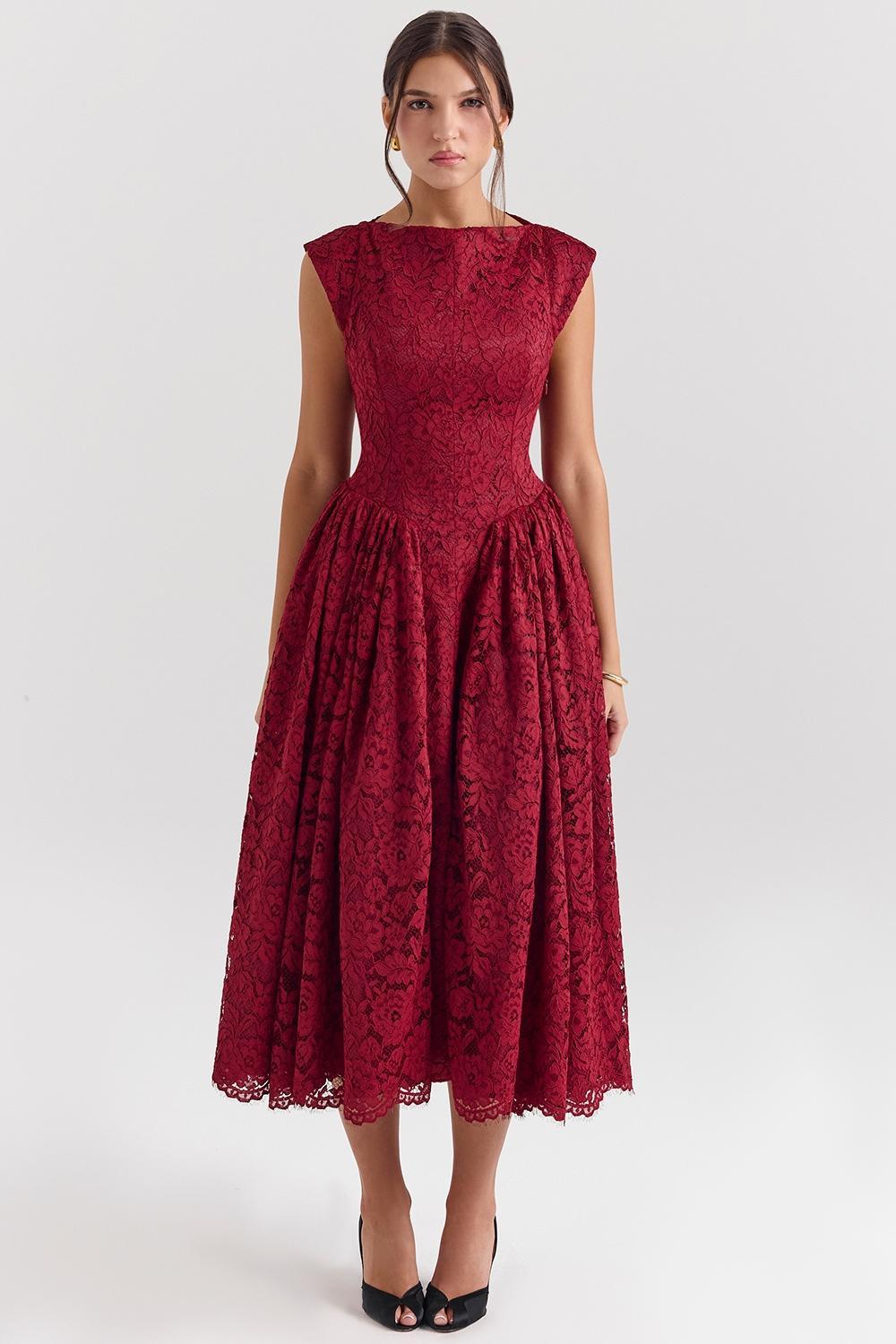 Debutante Berry Lace Backless Midi Dress Product Image