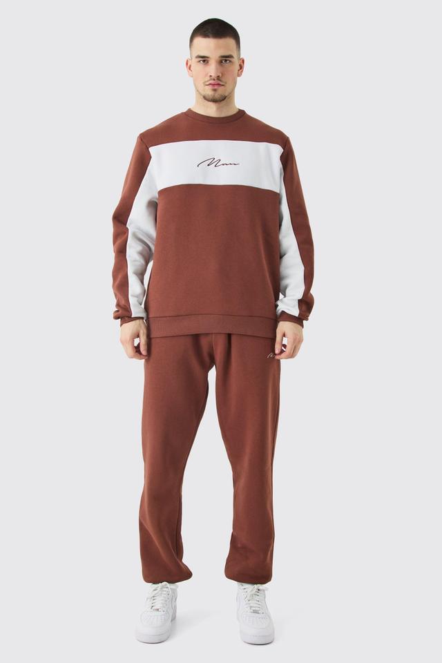 Tall Colour Block Man Sweatshirt Tracksuit In Chocolate | boohooMAN USA Product Image