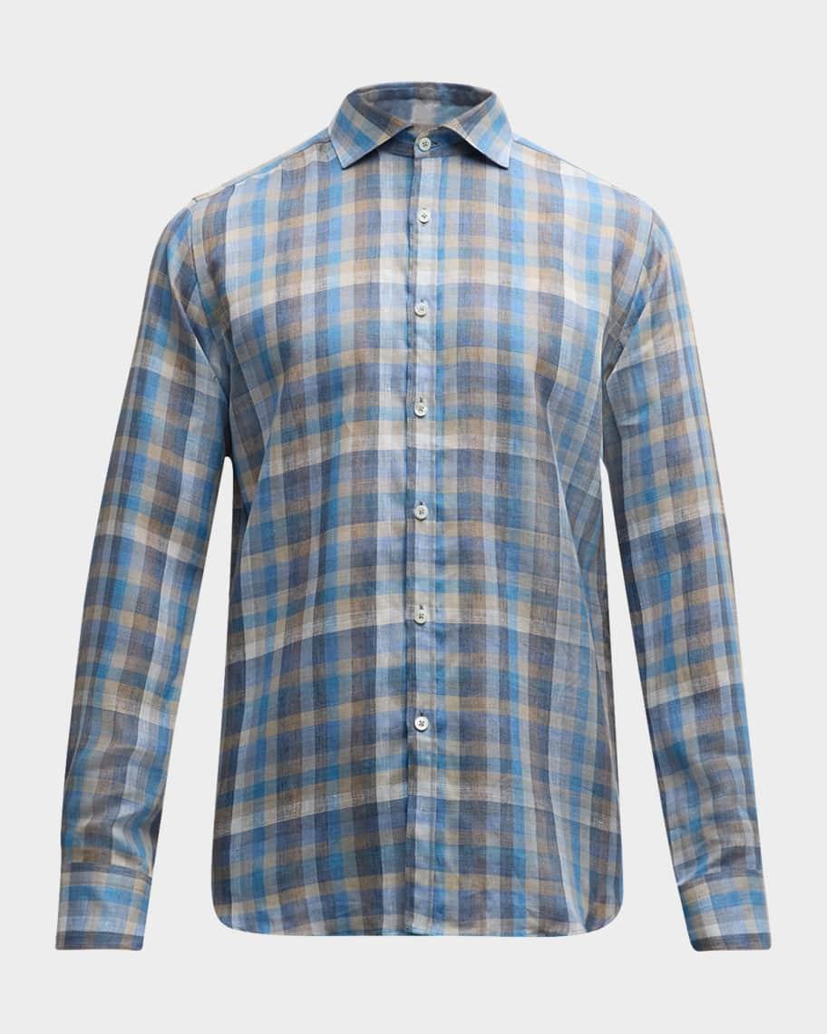 Men's Linen Check Casual Button-Down Shirt Product Image