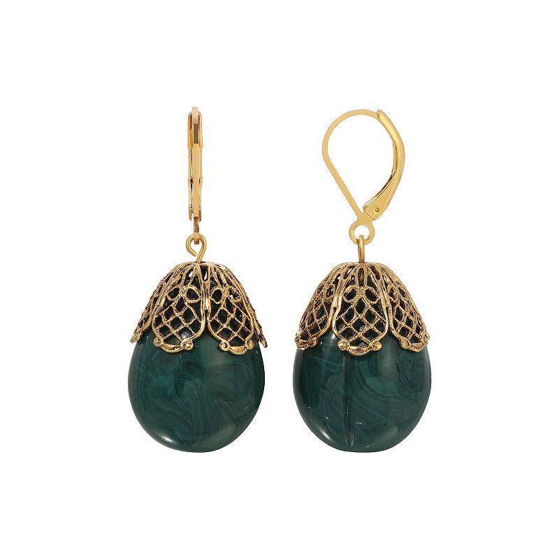 1928 Gold Tone Filigree Capped Oval Bead Drop Earrings, Womens, Green Product Image