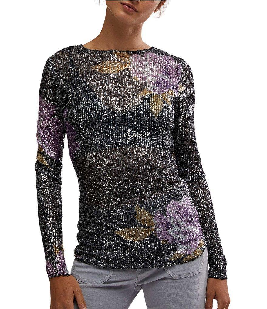 Free People Gold Rush Floral Print Sequin Crew Neck Long Sleeve Top Product Image