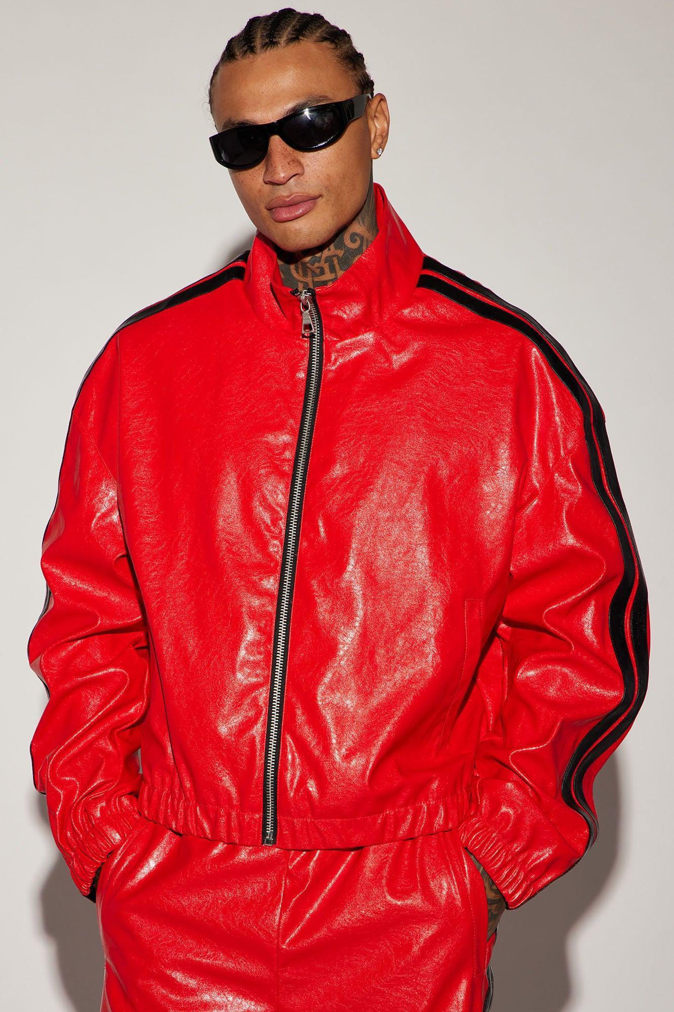 Baker Faux Leather Track Jacket - Red/combo Product Image