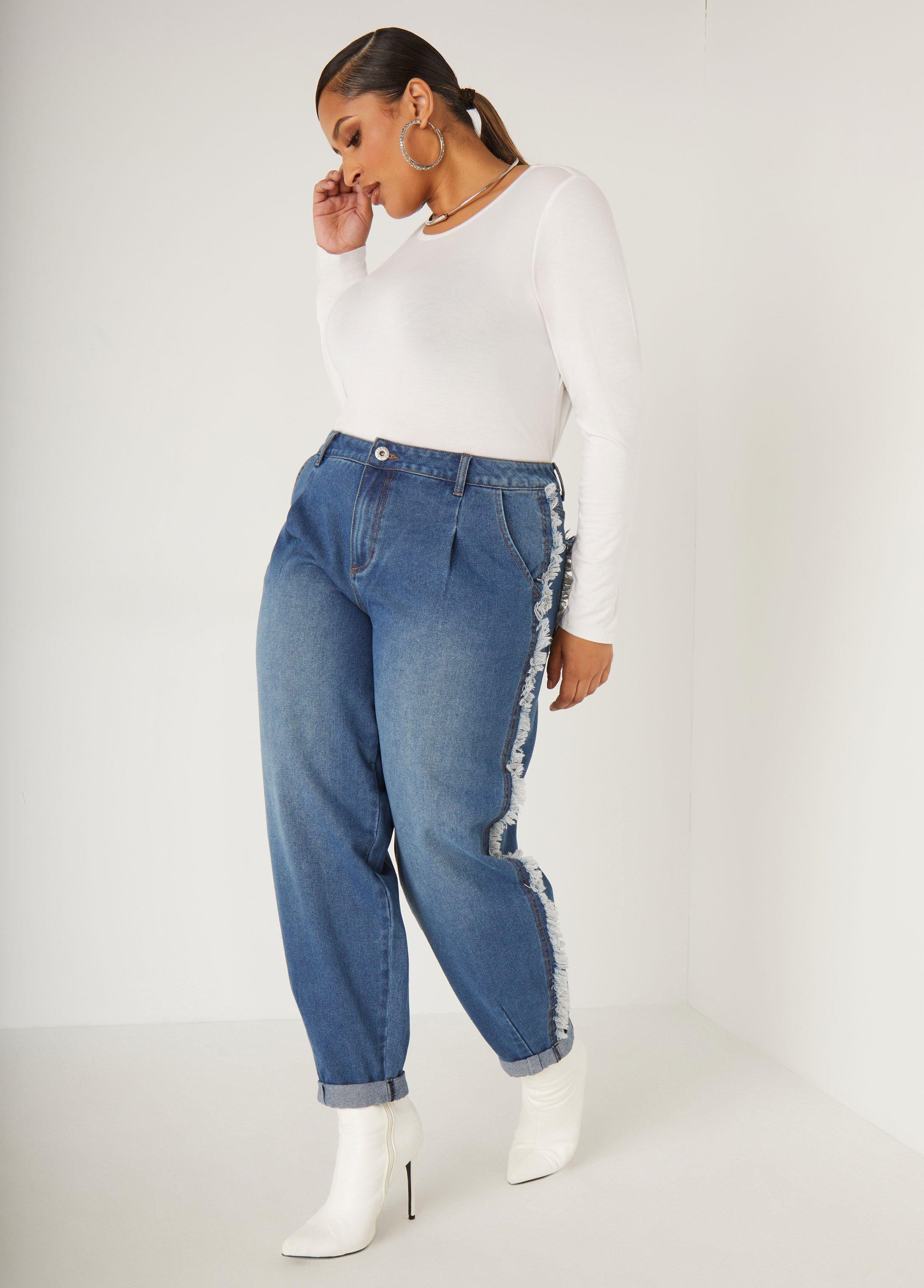 Mid Rise Frayed Barrel Jeans Product Image