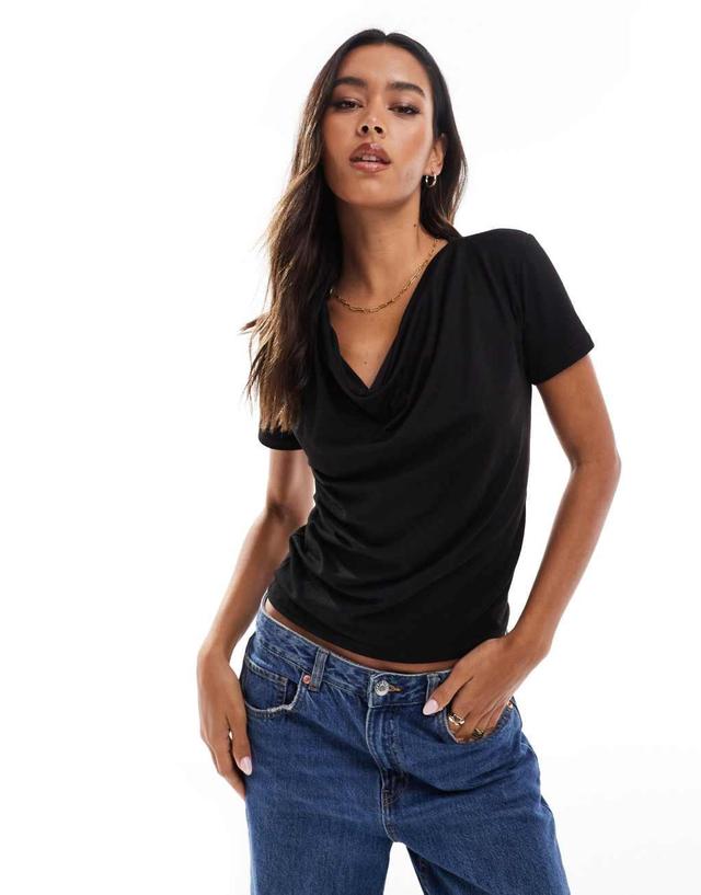 ONLY short sleeve waterfall neck top in black Product Image