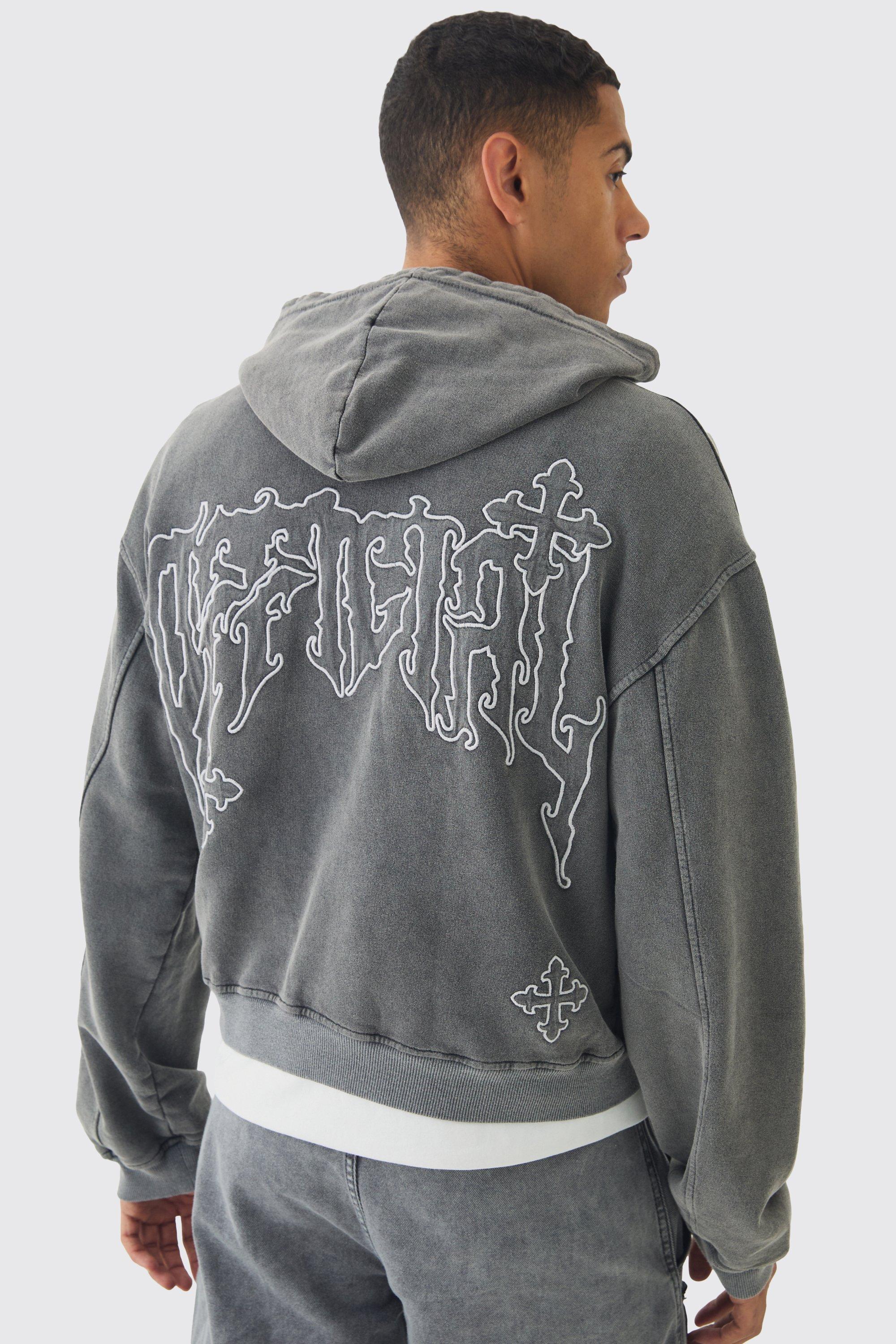 Shrunken Washed and Applique Official Cross Distressed Hoodie | boohooMAN USA Product Image