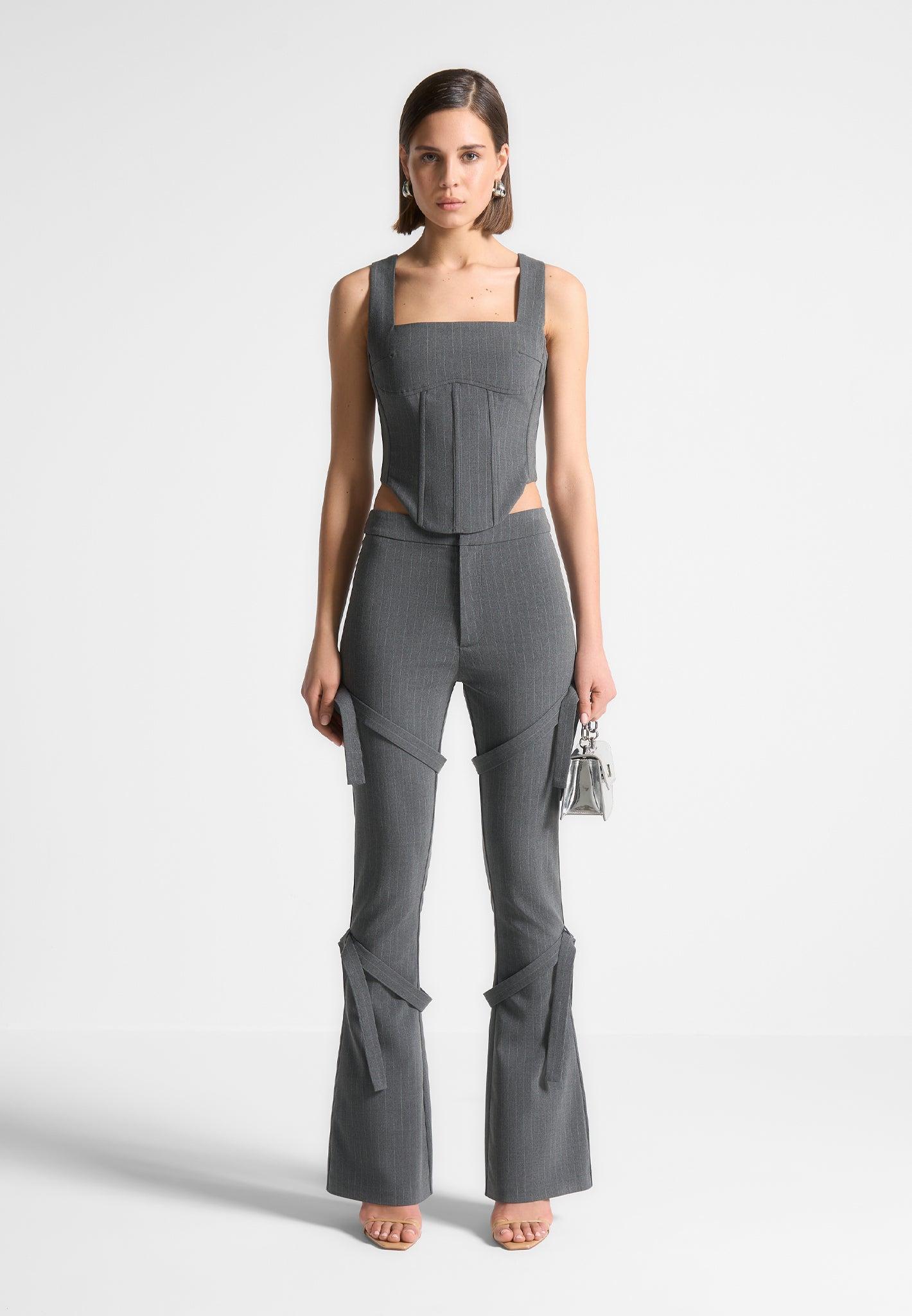 Strap Detail Pinstripe Fit and Flare Leggings - Grey Female Product Image