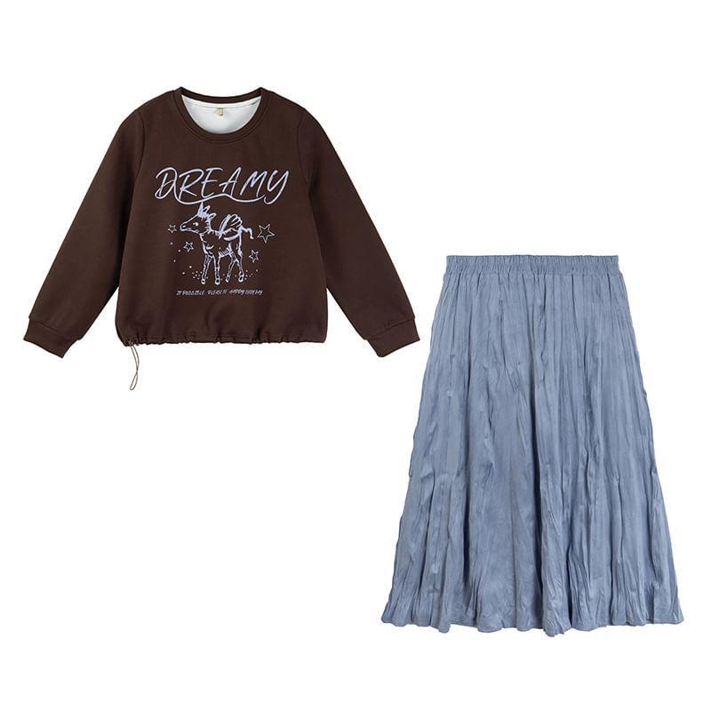 Plus Size Set: Long-Sleeve Crewneck Lettering Tee + High Rise Maxi A-Line Skirt Product Image