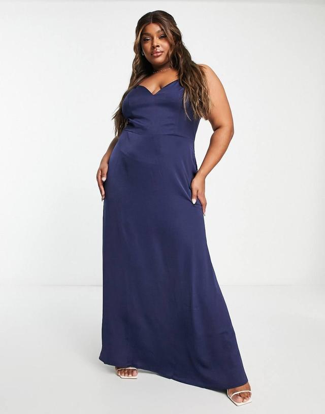 Little Mistress Plus strappy maxi dress in navy blue satin Product Image