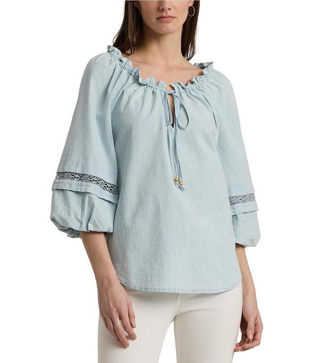 Lauren Ralph Lauren Chambray Cotton Ruffle Keyhole Neck Lace Trim 3/4 Blouson Sleeve Top Product Image