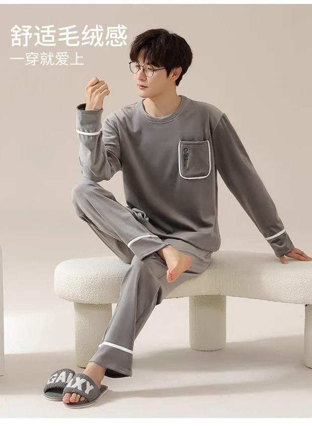 Pajama Set: Long-Sleeve Crew Neck Letter Embroidered T-Shirt + Pants Product Image